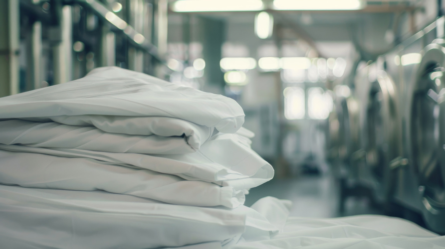 Neatly folded white linens in a clean and organized industrial laundry setting, with washing machines visible in the background.